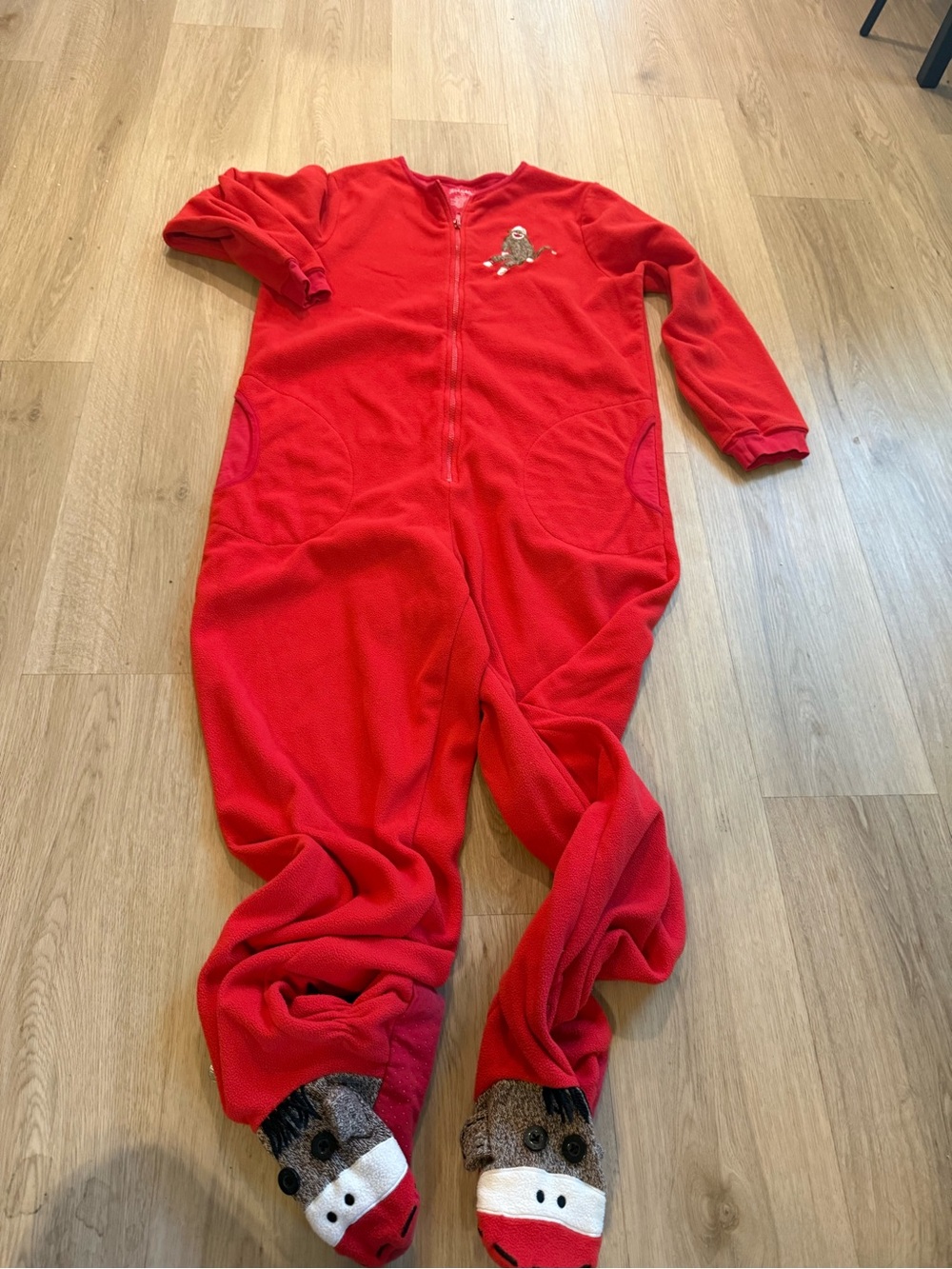 Red Fleece Footed One-Piece with Animal Face Feet adult medium